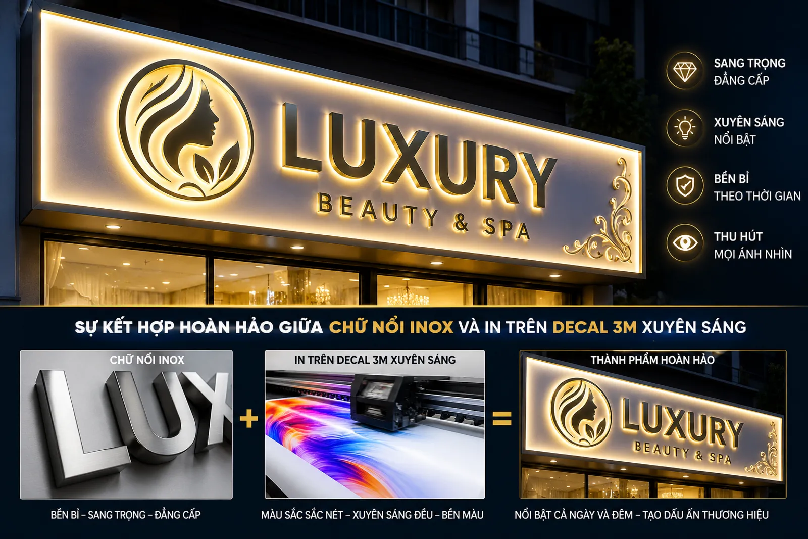 Sự kết hợp hoàn hảo giữa chữ nổi Inox và in trên decal 3M xuyên sáng.